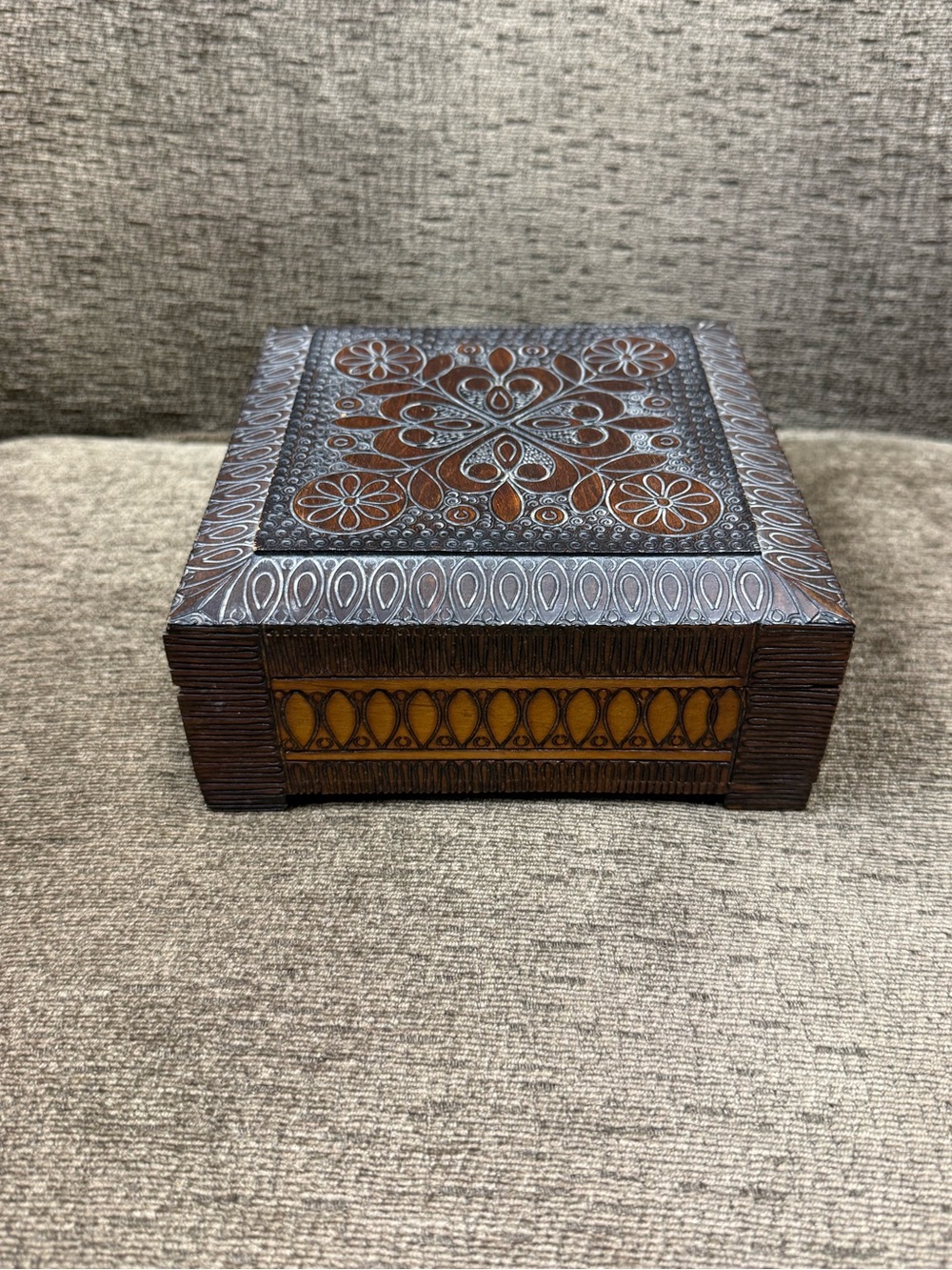 Vintage Handcrafted Carved Large Square Wooden Hinged Jewelry Trinket Box.